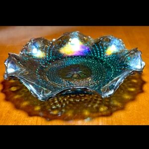 Vintage Indiana Glass Crimped Peacock Blue Carnival Glass Diamond Point Dish